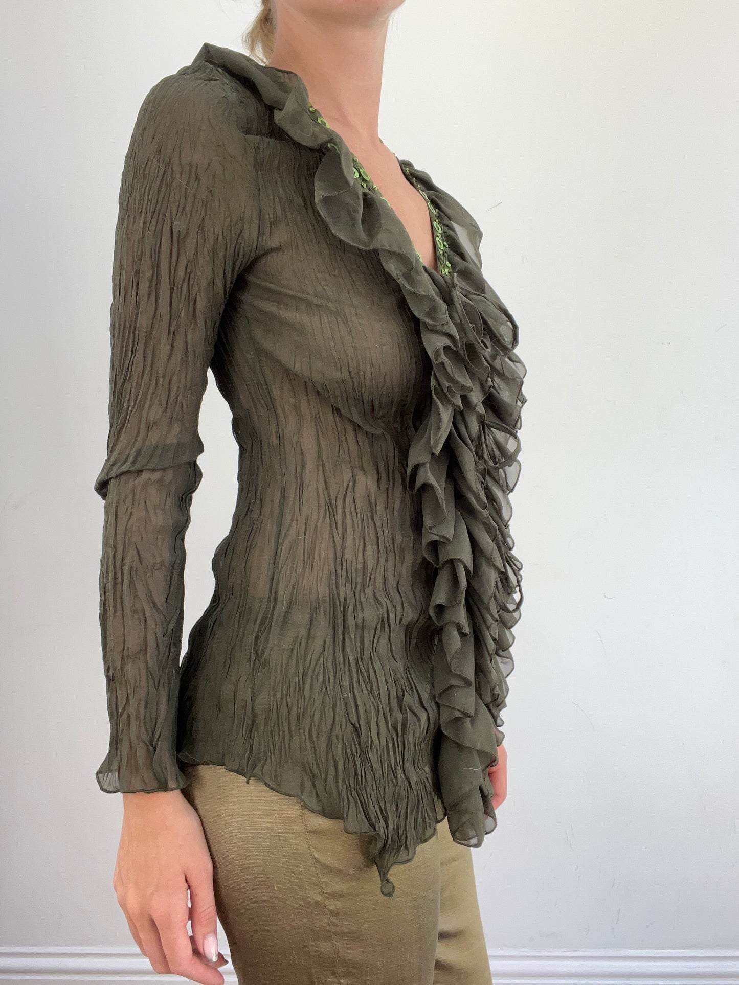 summer edit | medium green semi sheer mesh shirt with ruffle detail