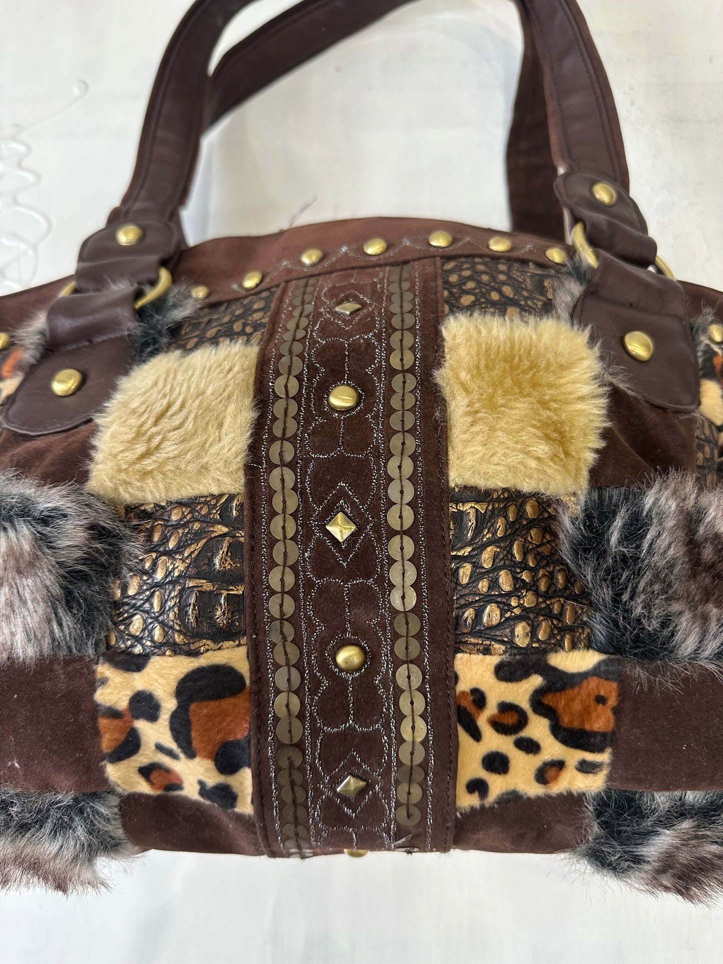 vintage edit thirty-three | brown faux fur patchwork shoulder bag