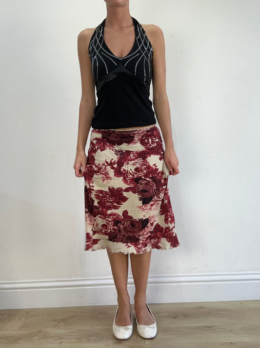 vintage edit sixteen | small cream and red floral midi skirt