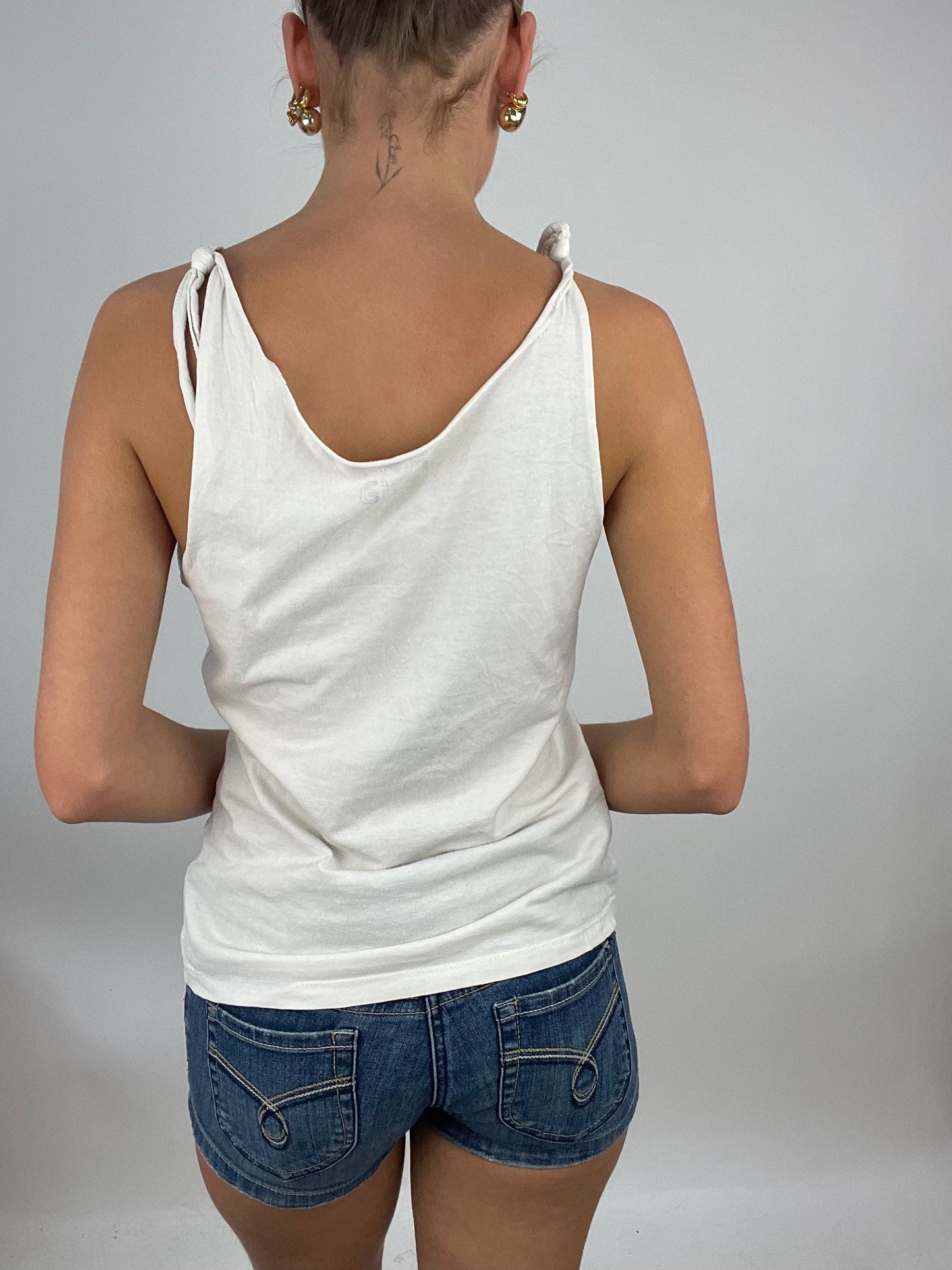 ADDISON RAE DROP | medium white graphic tank top with tie straps