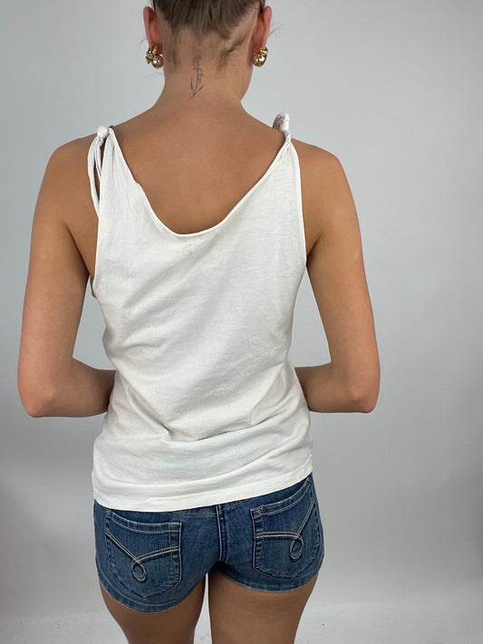 ADDISON RAE DROP | medium white graphic tank top with tie straps