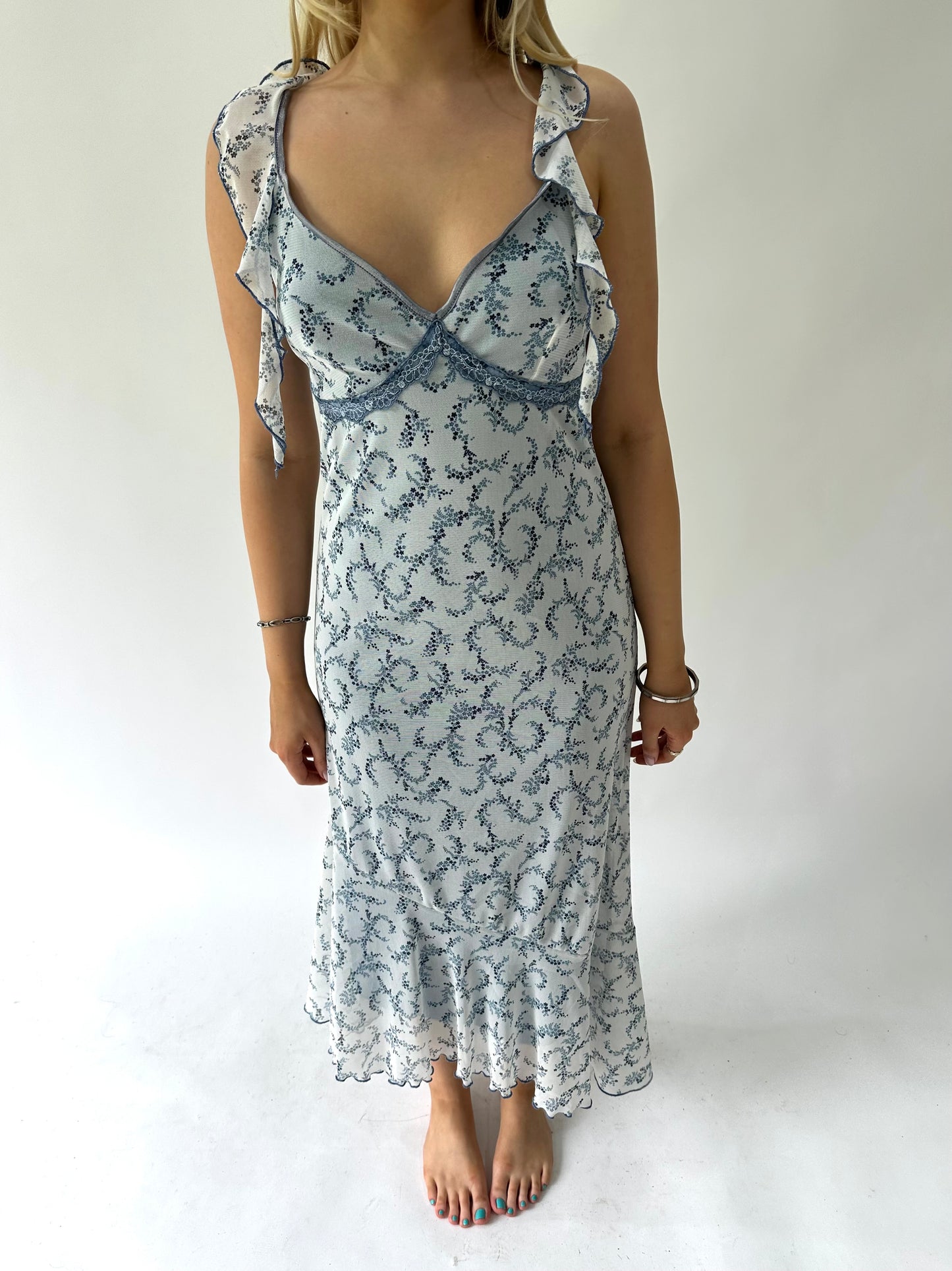sailor drop | small blue paisley print mesh overlay maxi dress