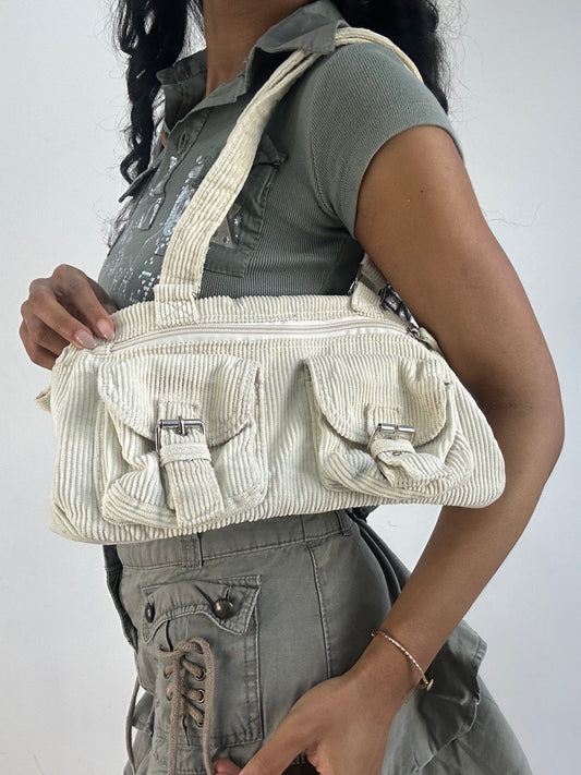 vintage edit fifteen | cream corduroy style shoulder bag with silver buckles