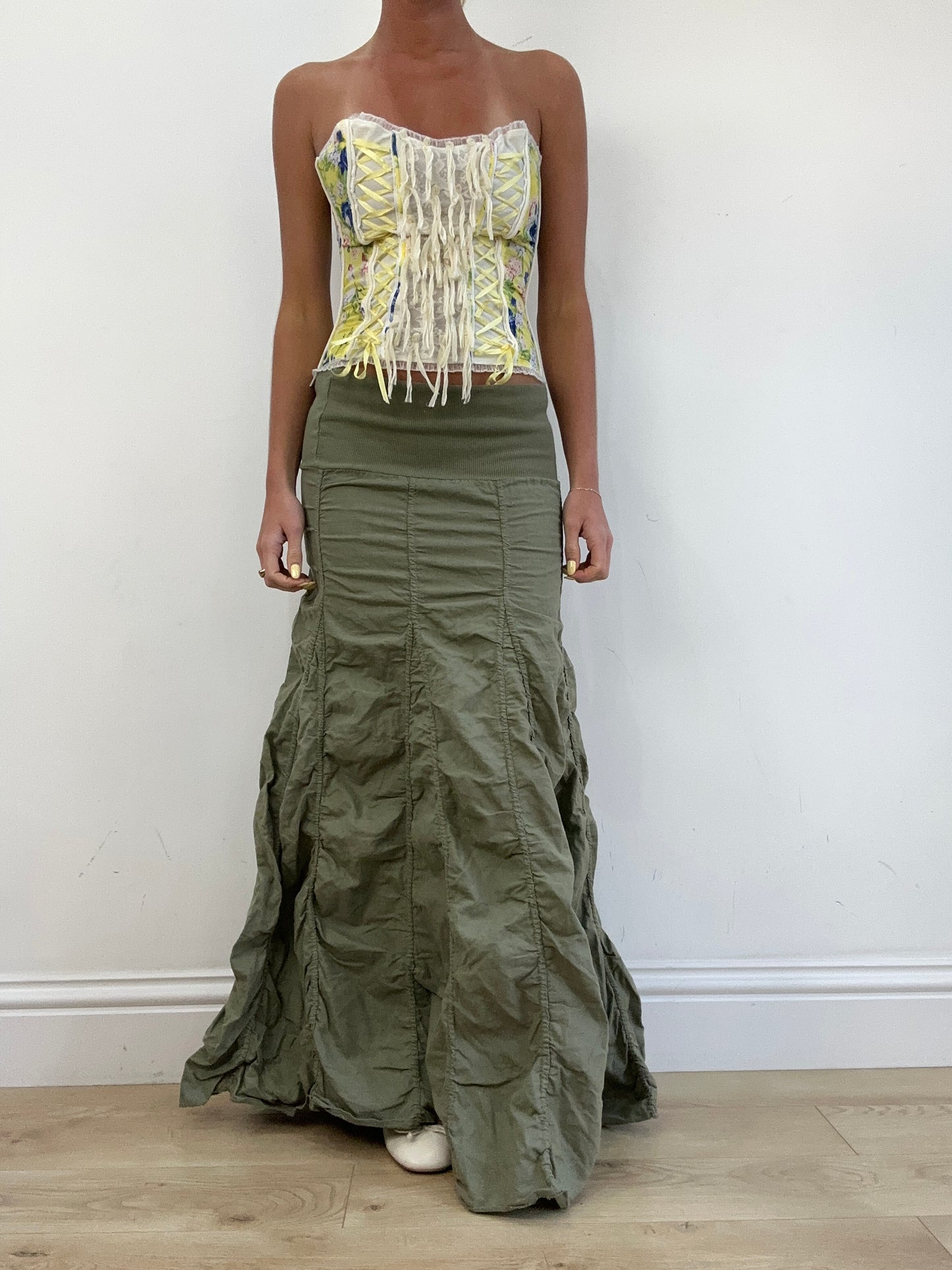 vintage edit eleven | small khaki bubble style ruched maxi skirt