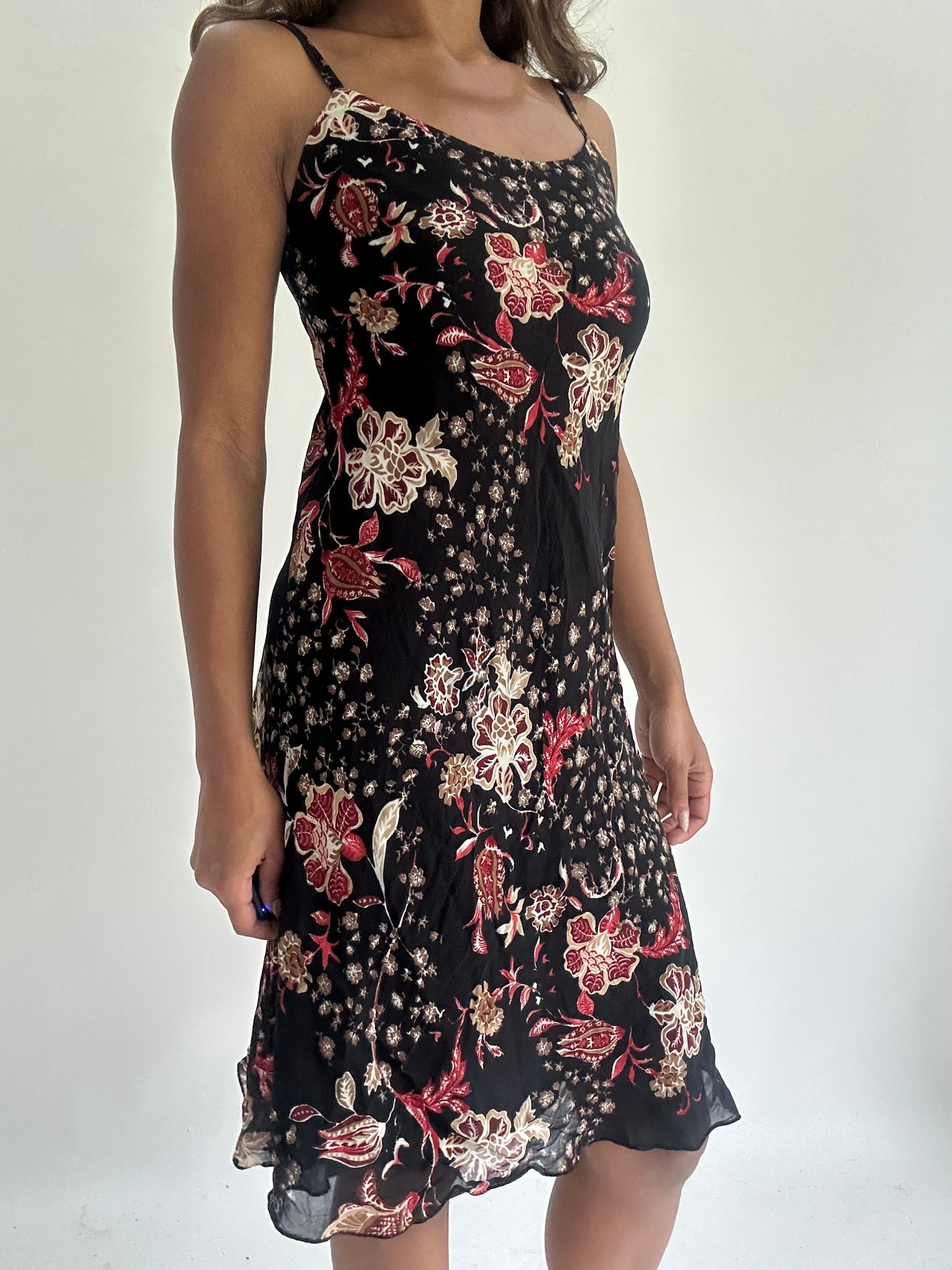 wedding guest drop | small black floral mesh overlay midi dress