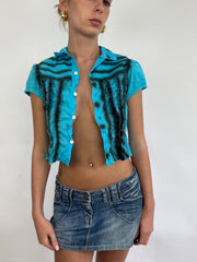 COACHELLA DROP | xs blue button up short sleeved shirt with black graffiti style stripes