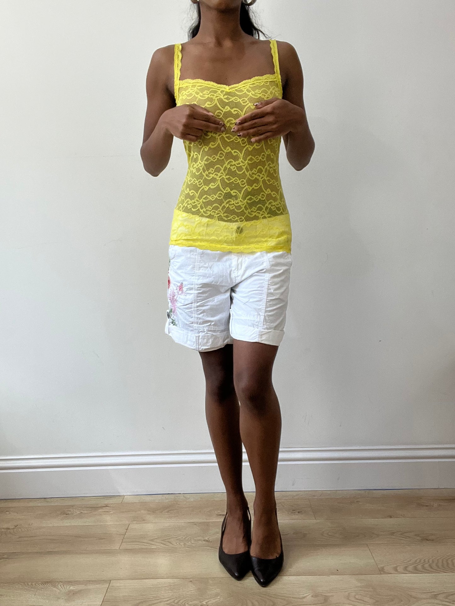 BEST PICKS | small white cargo shorts with pink floral embroidery detail
