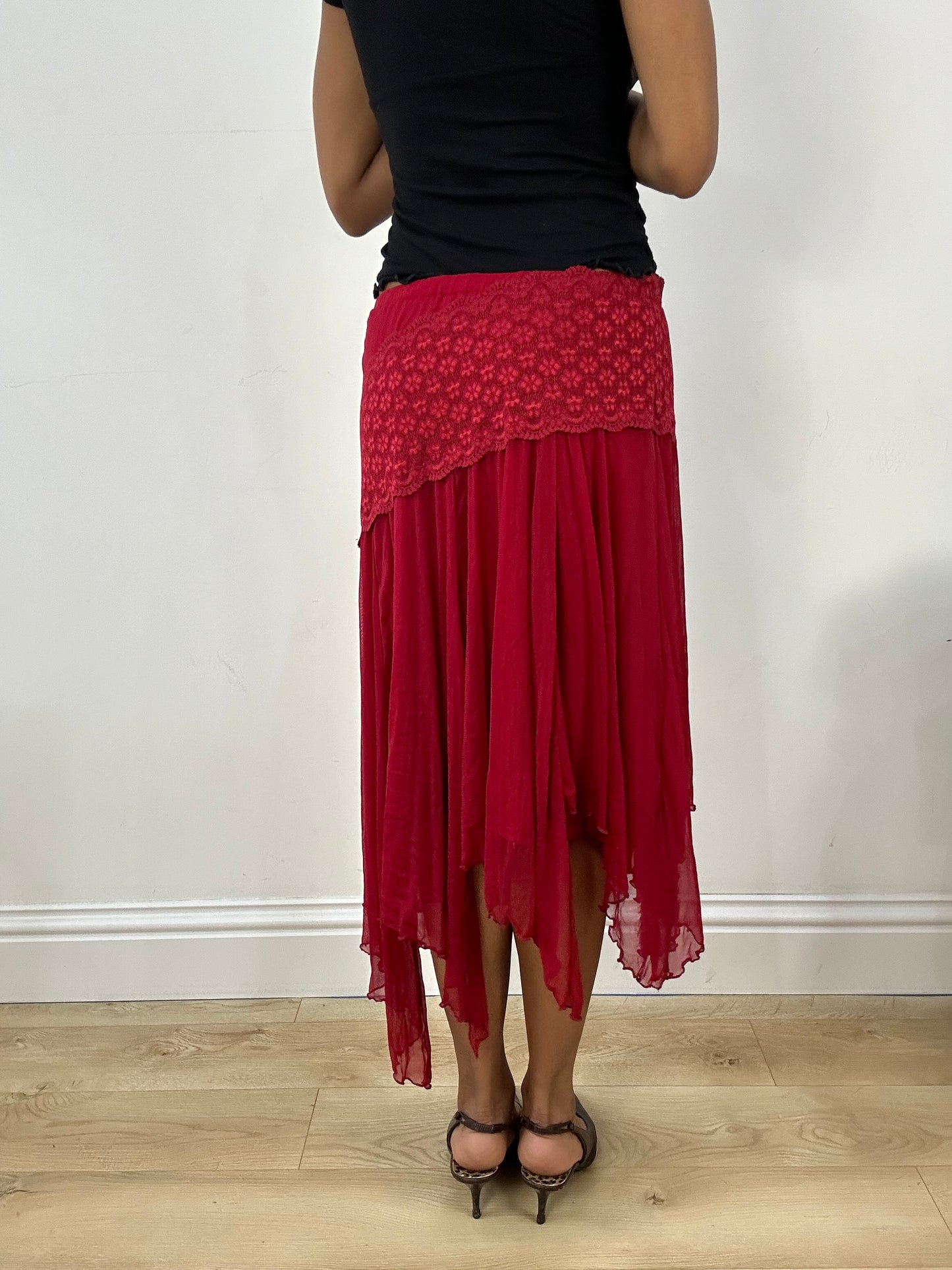 BEST PICKS | small red asymmetrical flowy skirt with floral embroidery