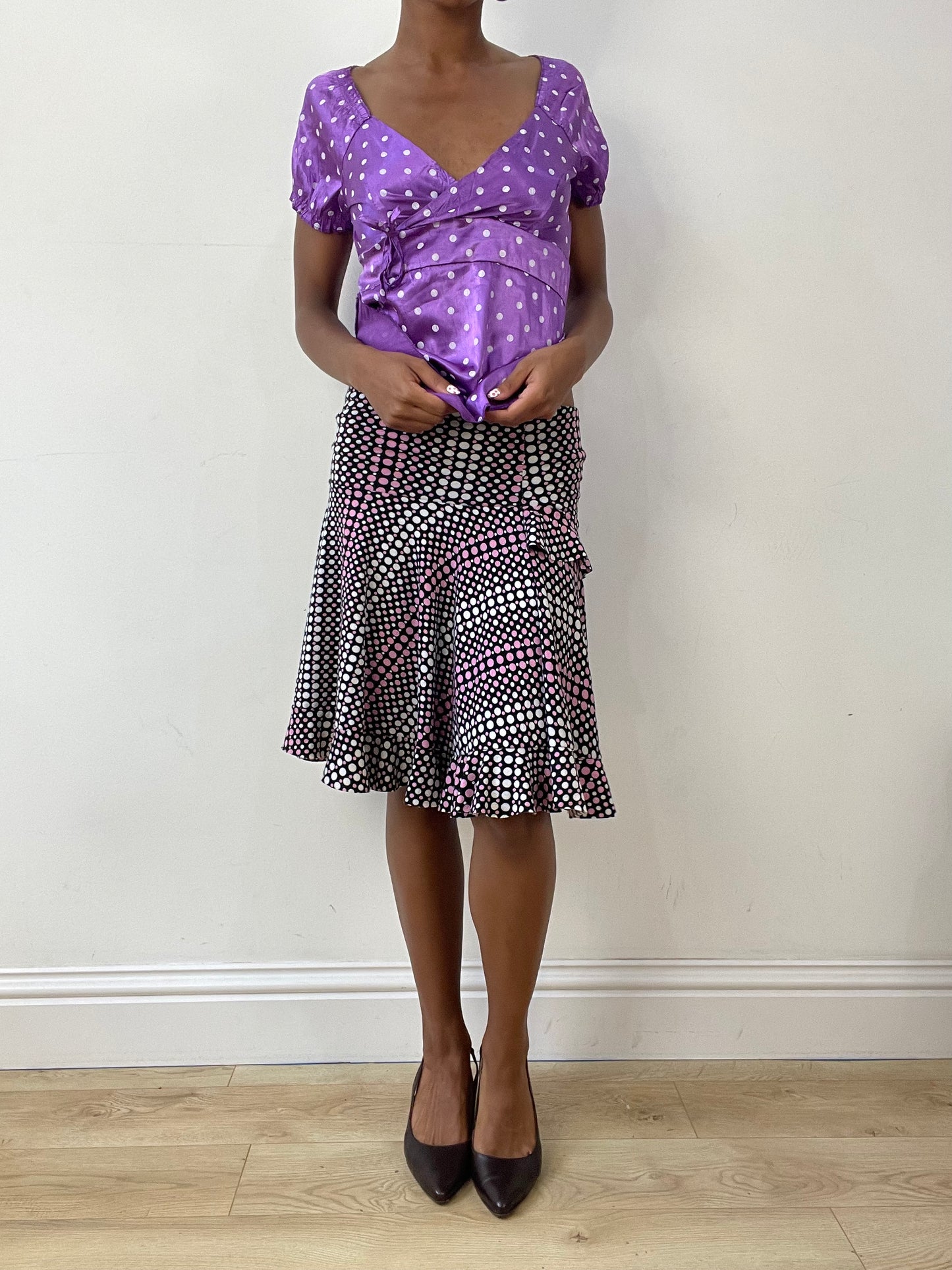 vintage edit twenty-seven | small black and pink ruffle polka dot midi skirt
