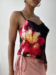 vintage edit thirty-two | small black asymmetric ruffle cami with floral print