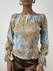 BEST PICKS | small blue shirred long sleeve top with leopard print pattern