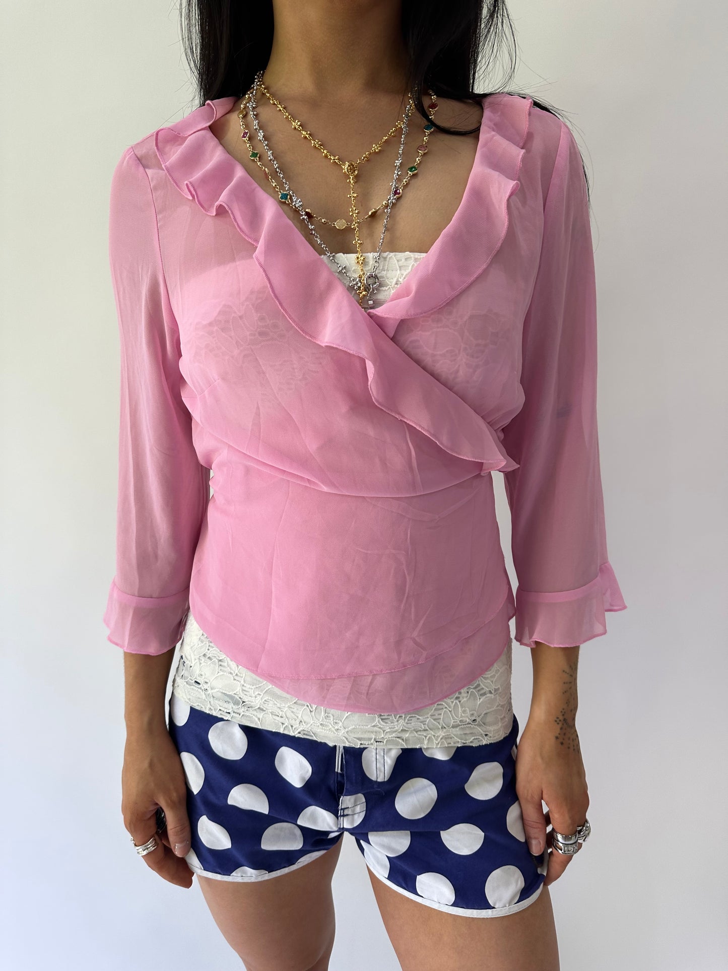 sailor drop | small pink sheer ruffle wrap around top