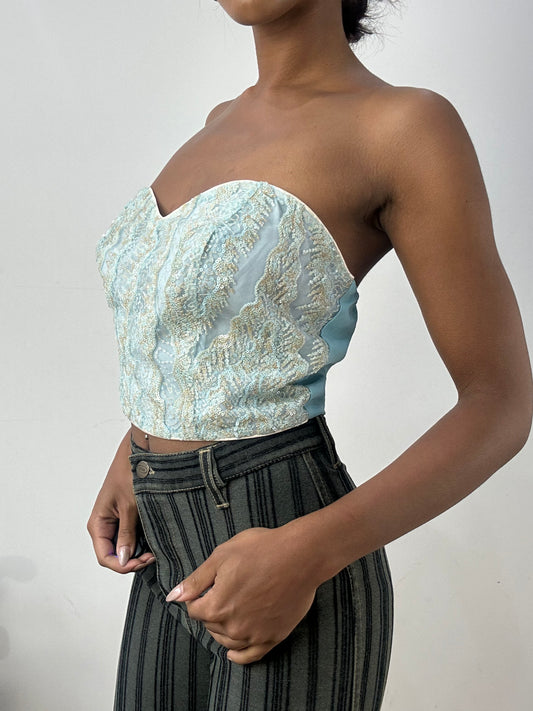 BEST PICKS | medium blue bandeau top with lace and sequin overlay