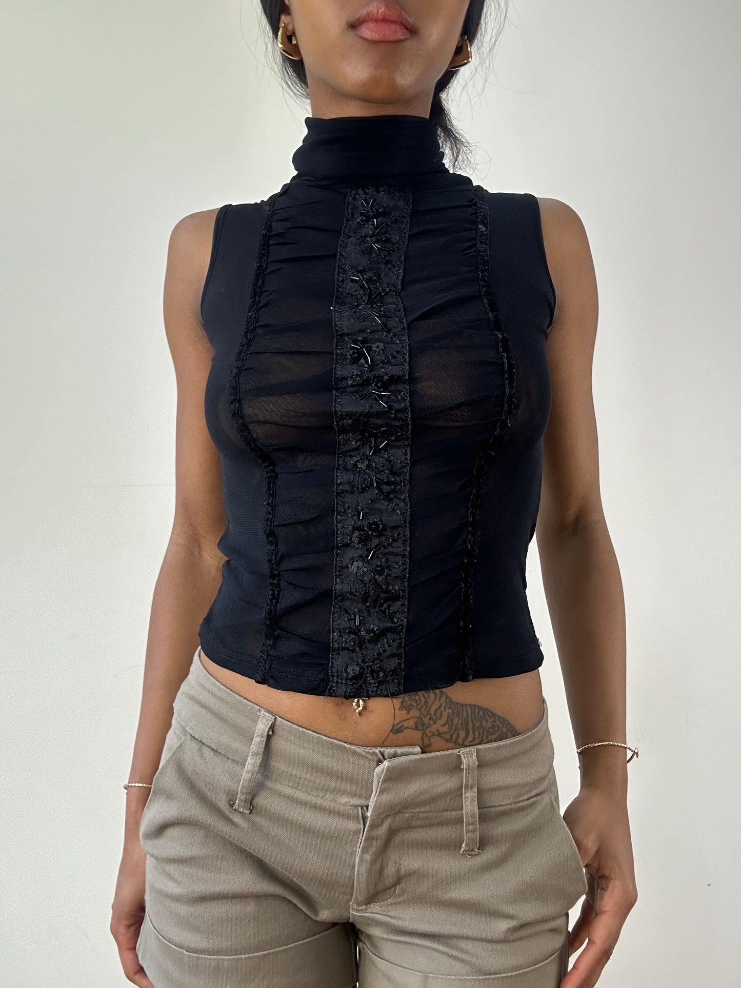 vintage edit twenty-one | small black sheer sequin sleeveless turtleneck top