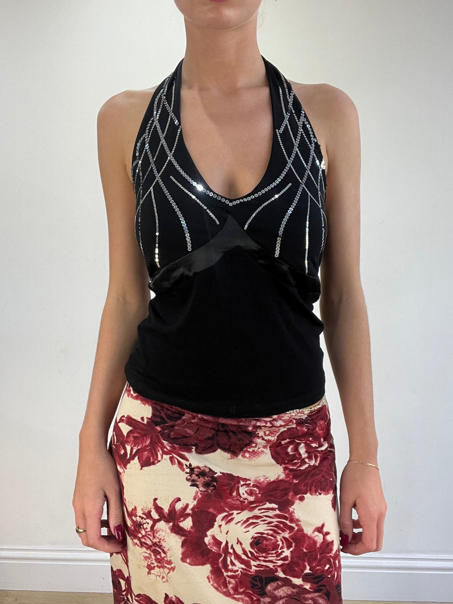 vintage edit sixteen | medium black and silver halterneck top
