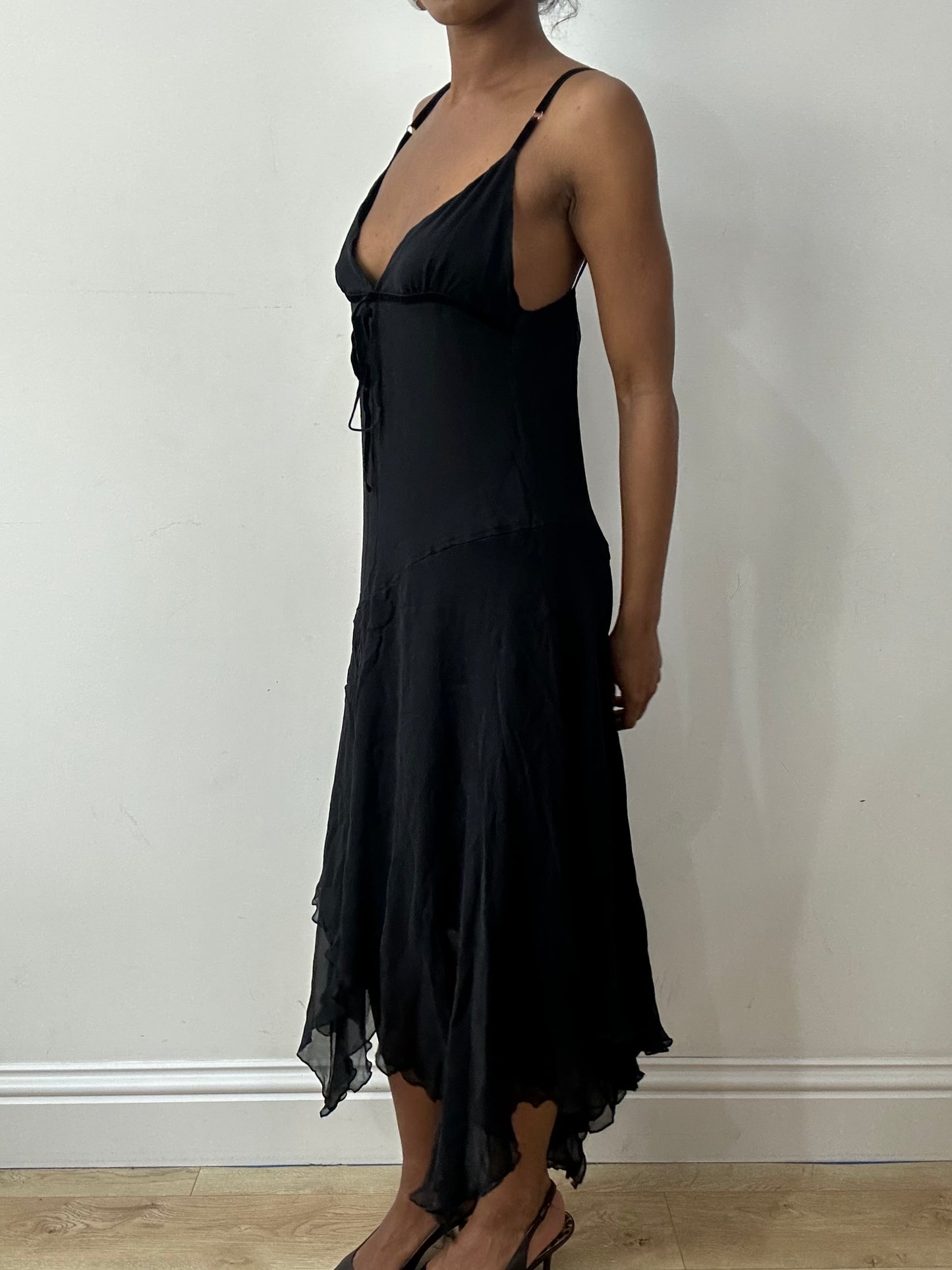 midsummer edit | medium black maxi dress with asymmetric trim