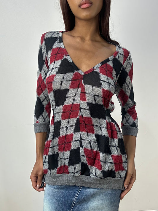 vintage edit thirty-three | small grey and burgundy jumper with abstract print