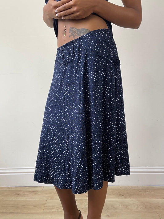 vintage edit twenty-seven | small navy blue polka dot midi skirt with 3d floral detail