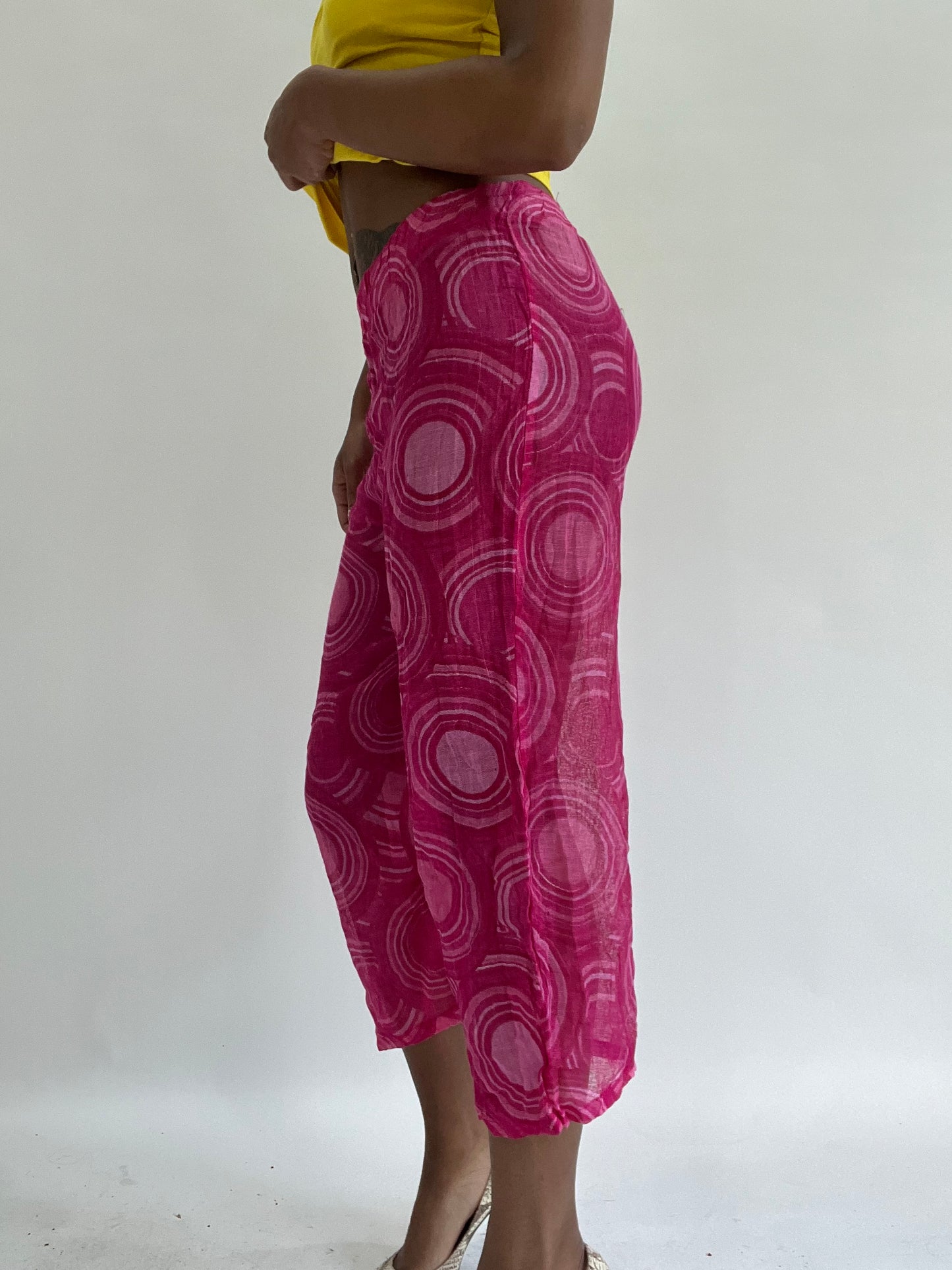 zara larsson drop | small pink patterned sheer cropped trousers