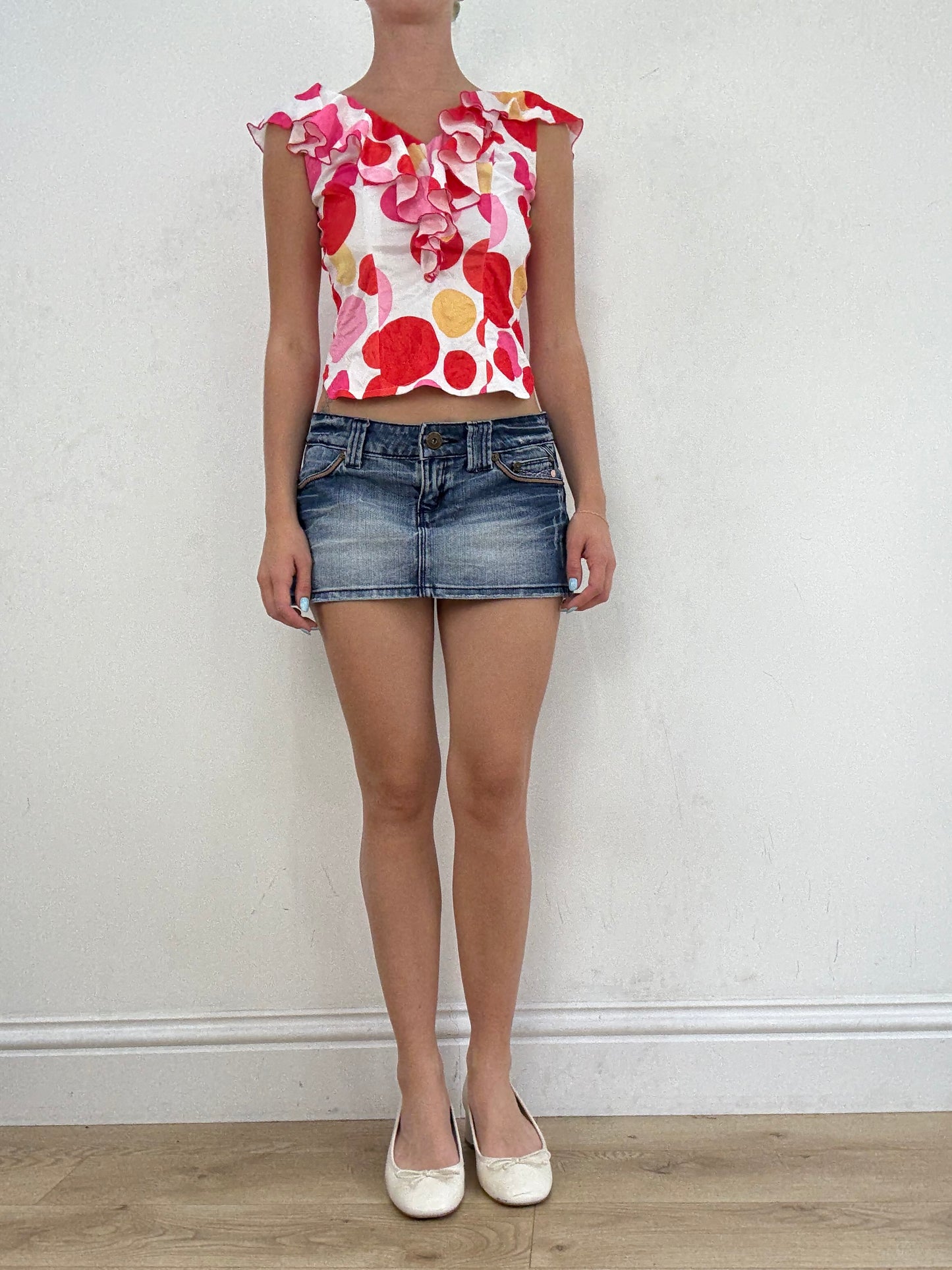 💻🩵 vintage edit twenty eight | small white and pink ruffle top with polka dot print