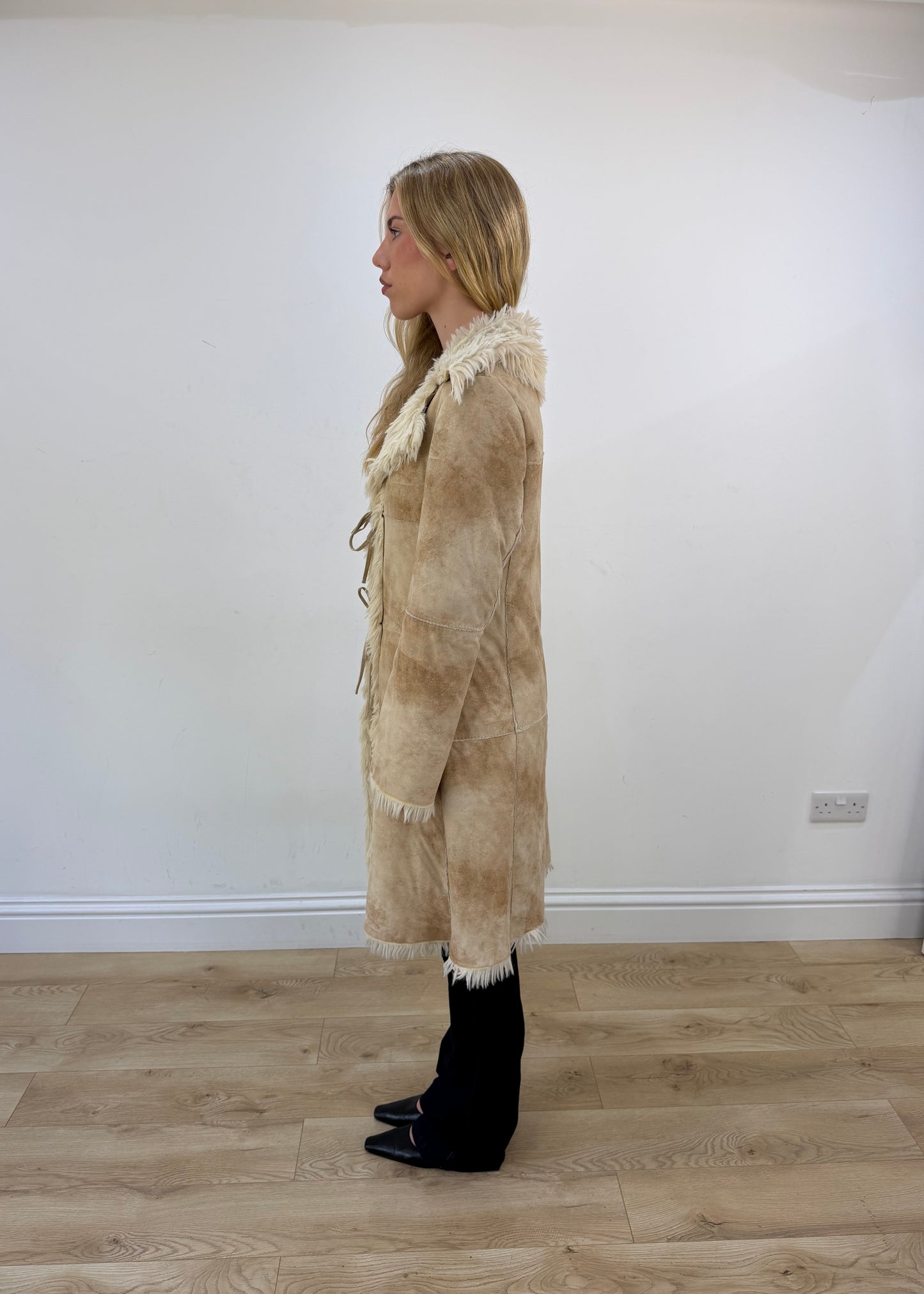 medium beige suede afghan coat with faux fur trim