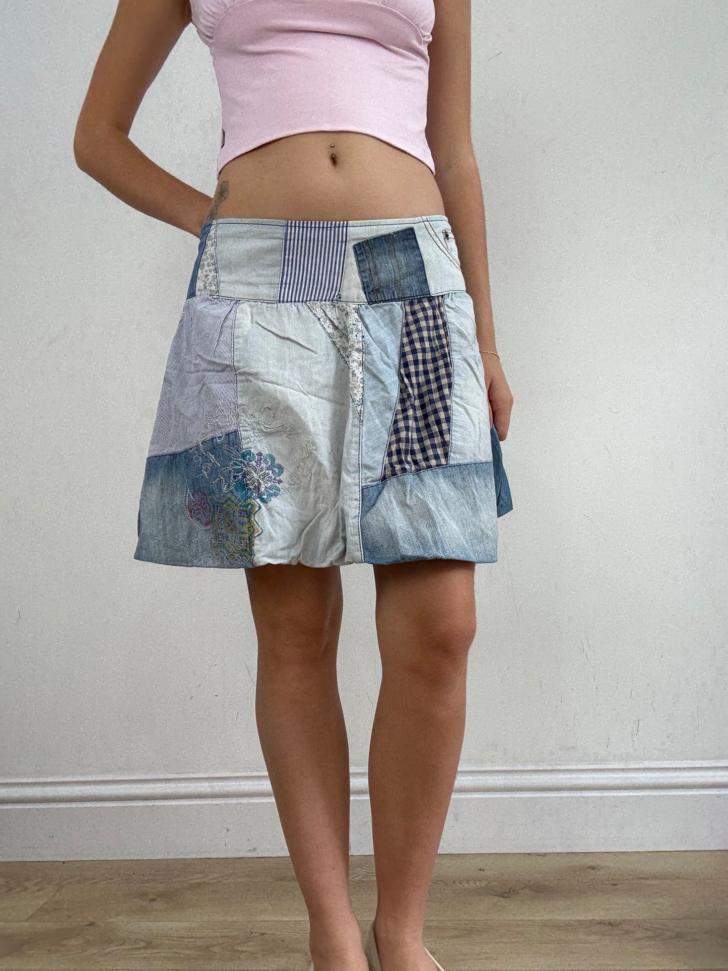 vintage edit twenty eight | extra large blue denim skirt with patchwork print