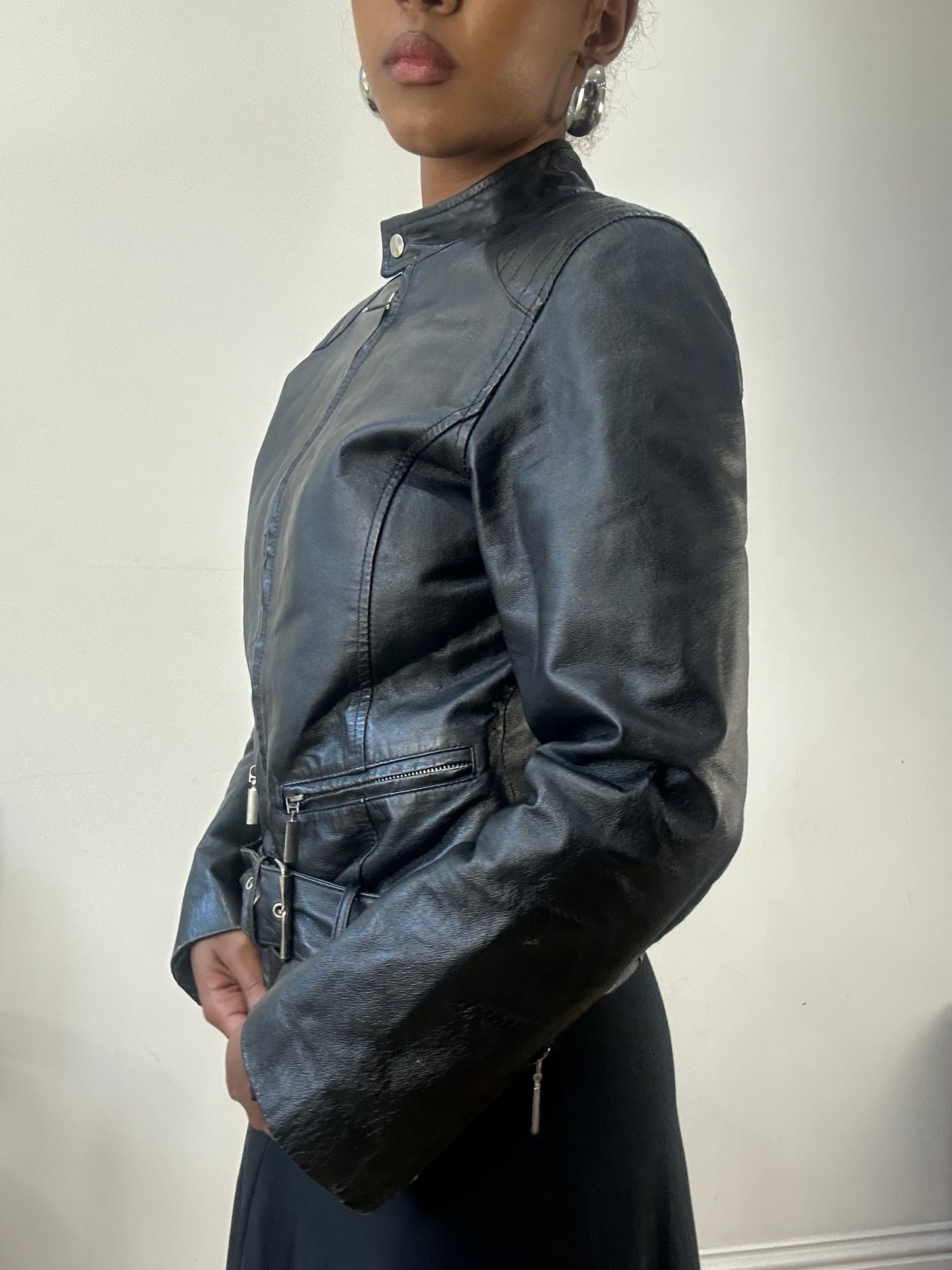 AUTUMN EDIT | medium black faux leather jacket with silver zip