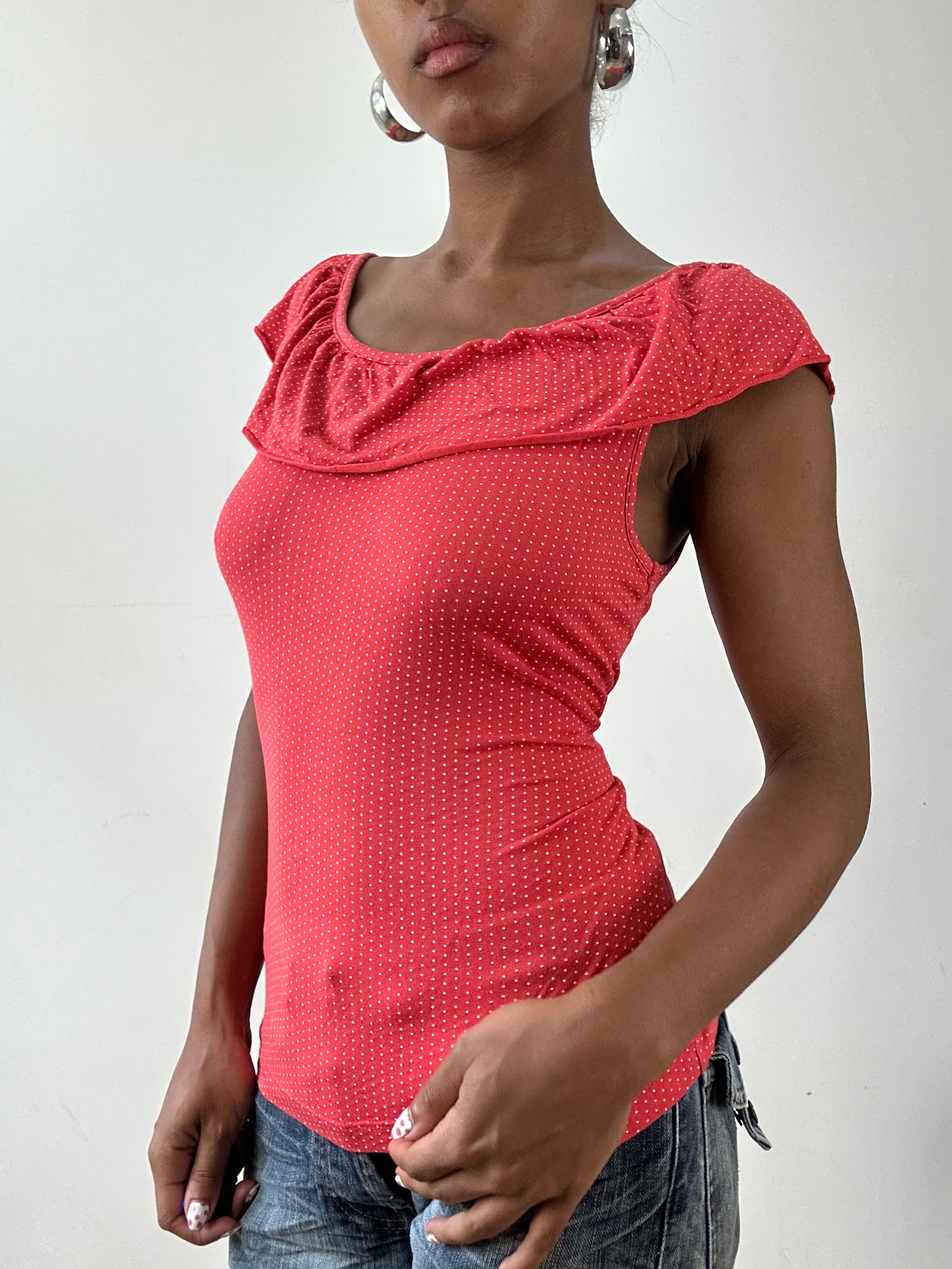 vintage edit twenty-seven | small red and white yessica ruffle polka dot top
