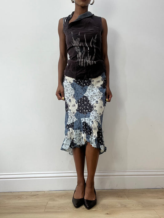 vintage edit thirty-two | medium blue asymmetric midi skirt with paisley print
