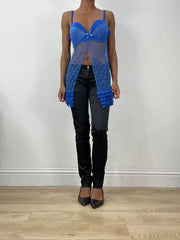 Vintage-Edit: Halloween | mittelblaues, transparentes Babydoll-Top mit Polka-Dot-Print