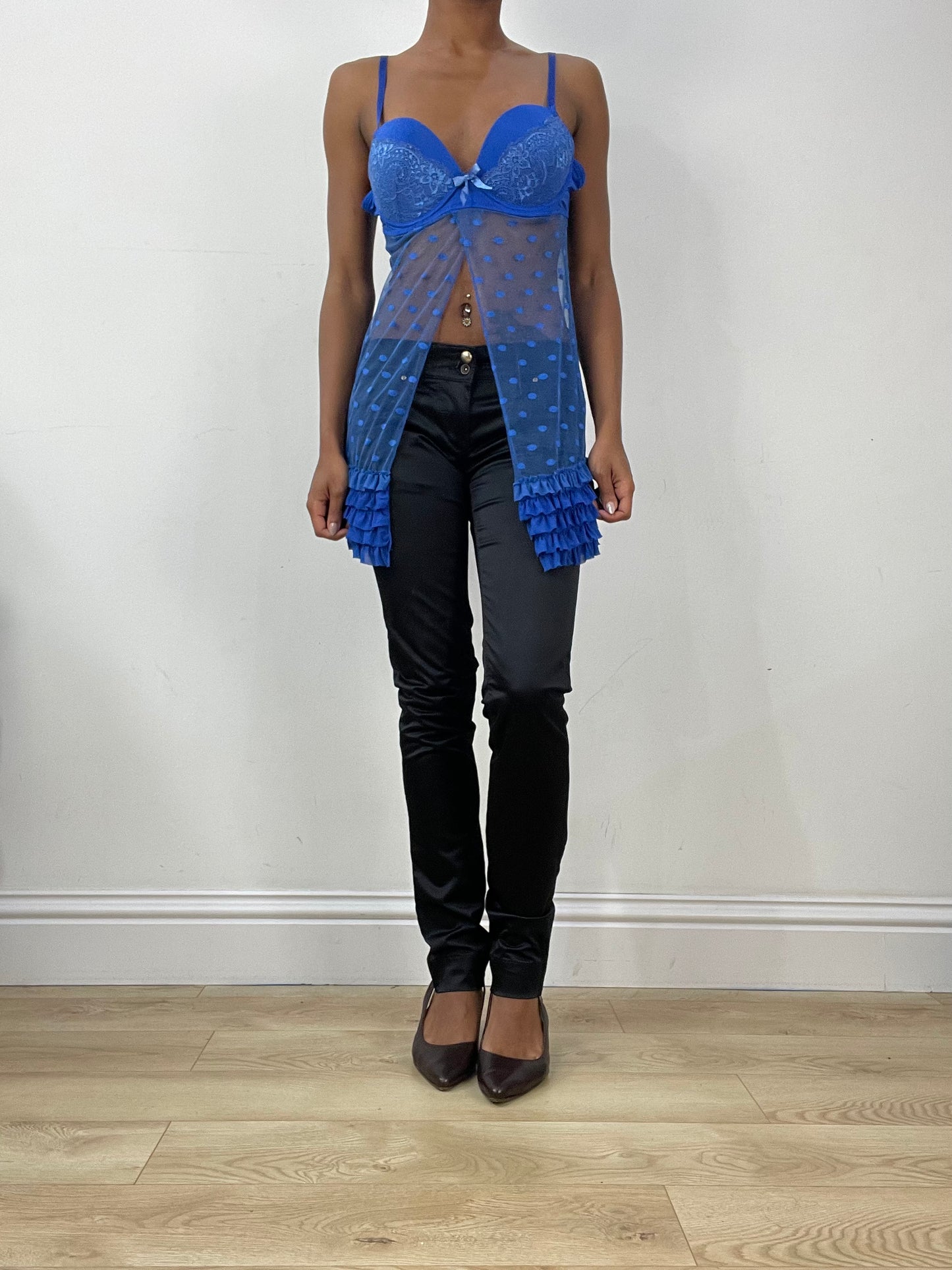 vintage edit: halloween | medium blue sheer babydoll top with polka dot print