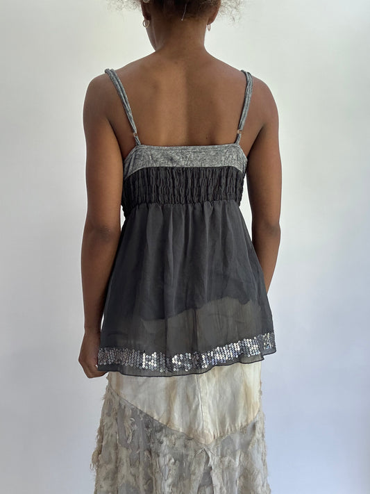 olivia rodrigo drop | small grey mesh overlay cami top