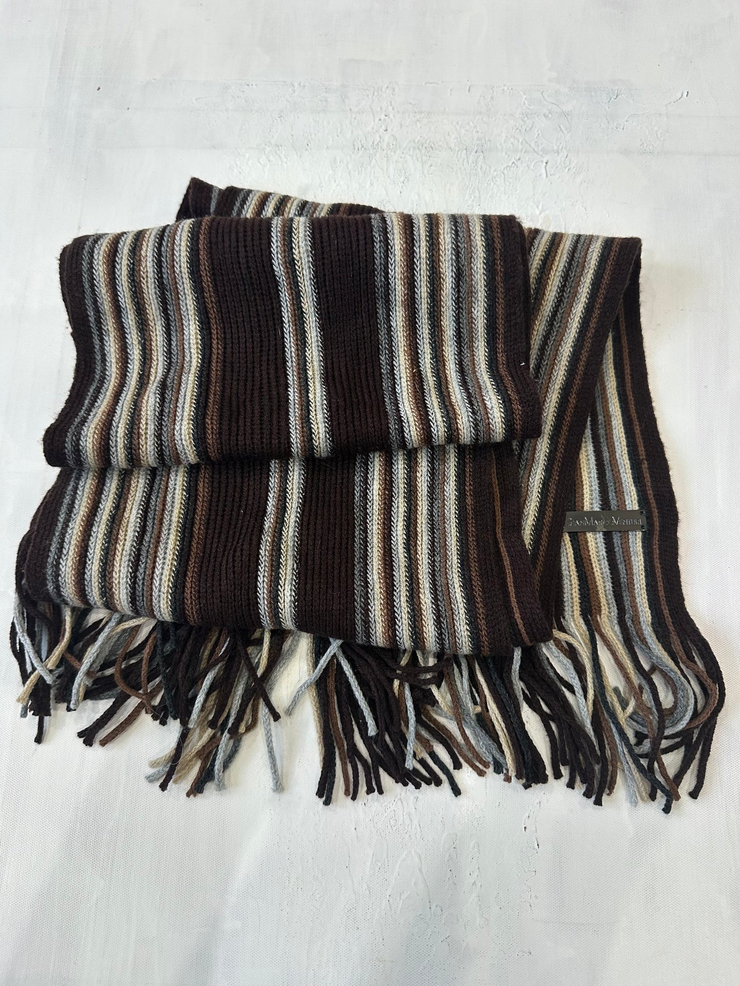 winter edit | brown and cream striped knit tassel scarf