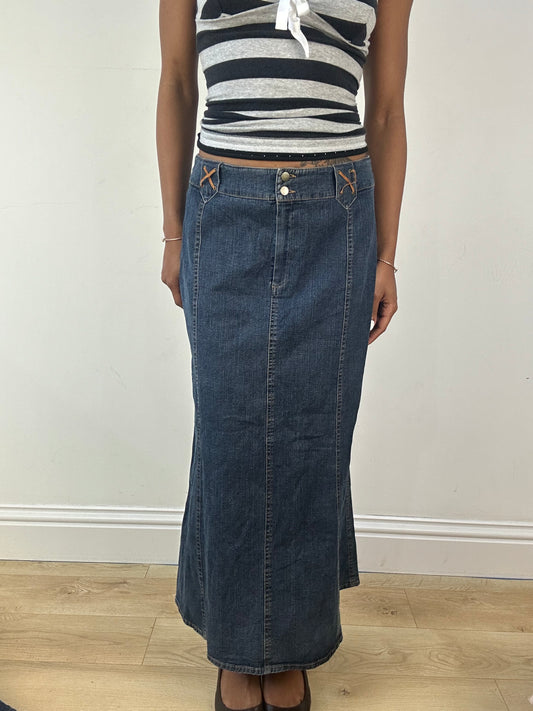 vintage edit eighteen | small blue denim maxi skirt with tie details
