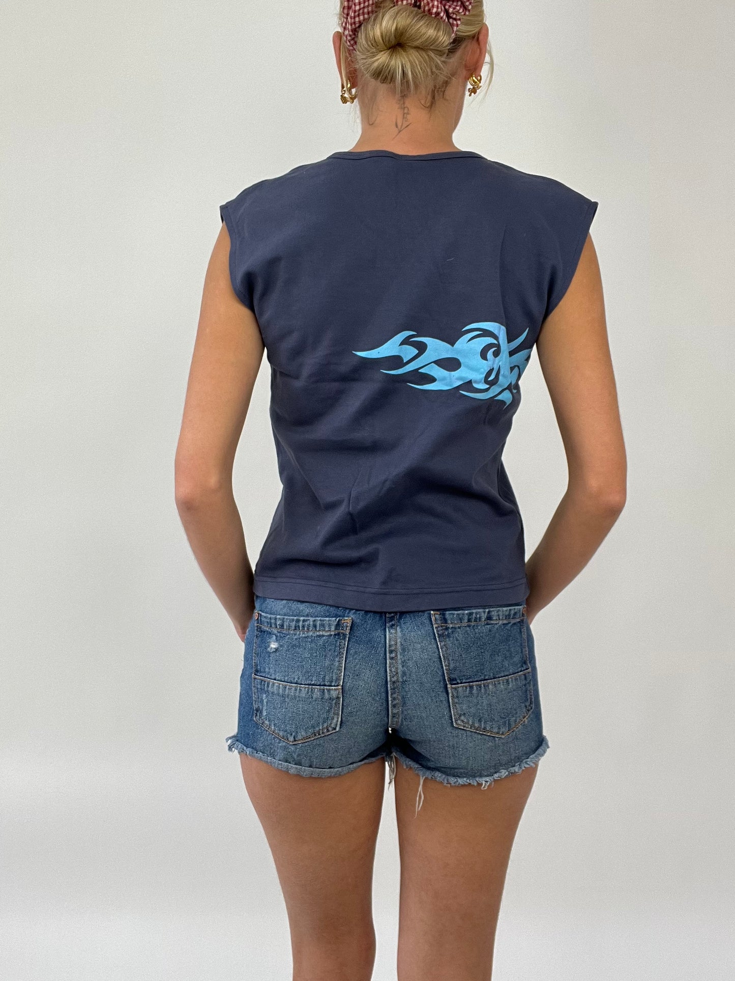 COCONUT GIRL DROP | medium navy tank top with blue flame print