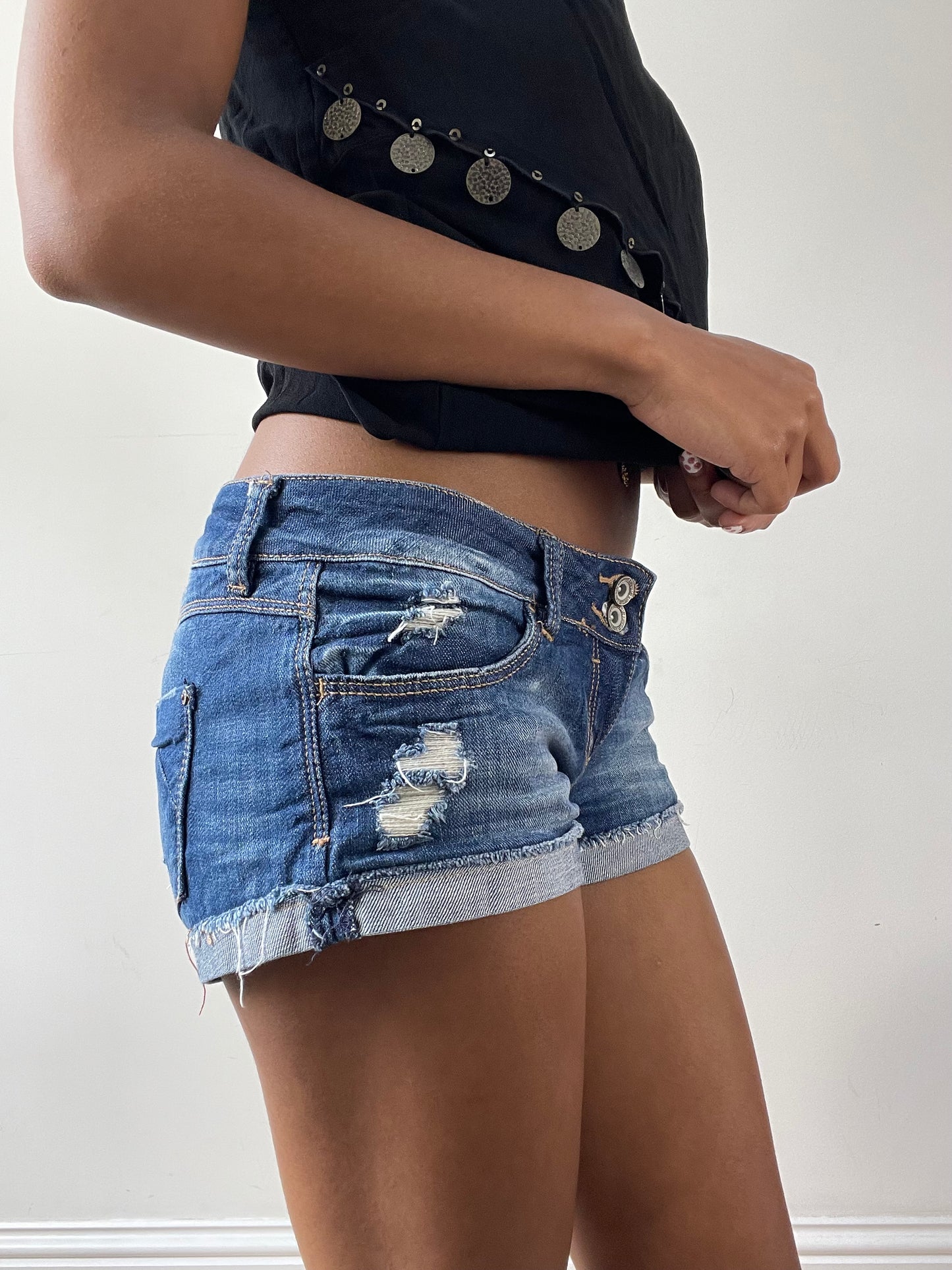 vintage edit twenty-nine | small blue denim mini shorts with distressing