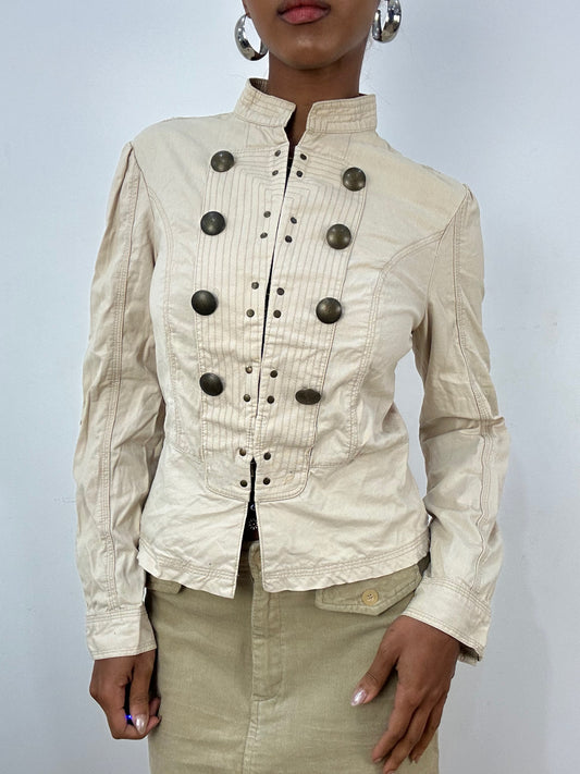 vintage edit: indie sleaze | small beige military jacket with hook and eye detail