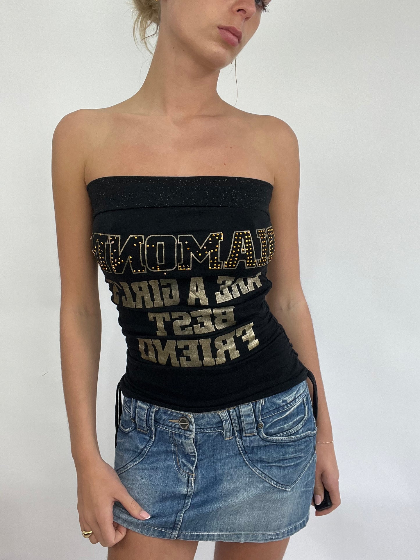 💻COACHELLA DROP | small black bandeau with ‘diamonds are a girls best friend’ spell out