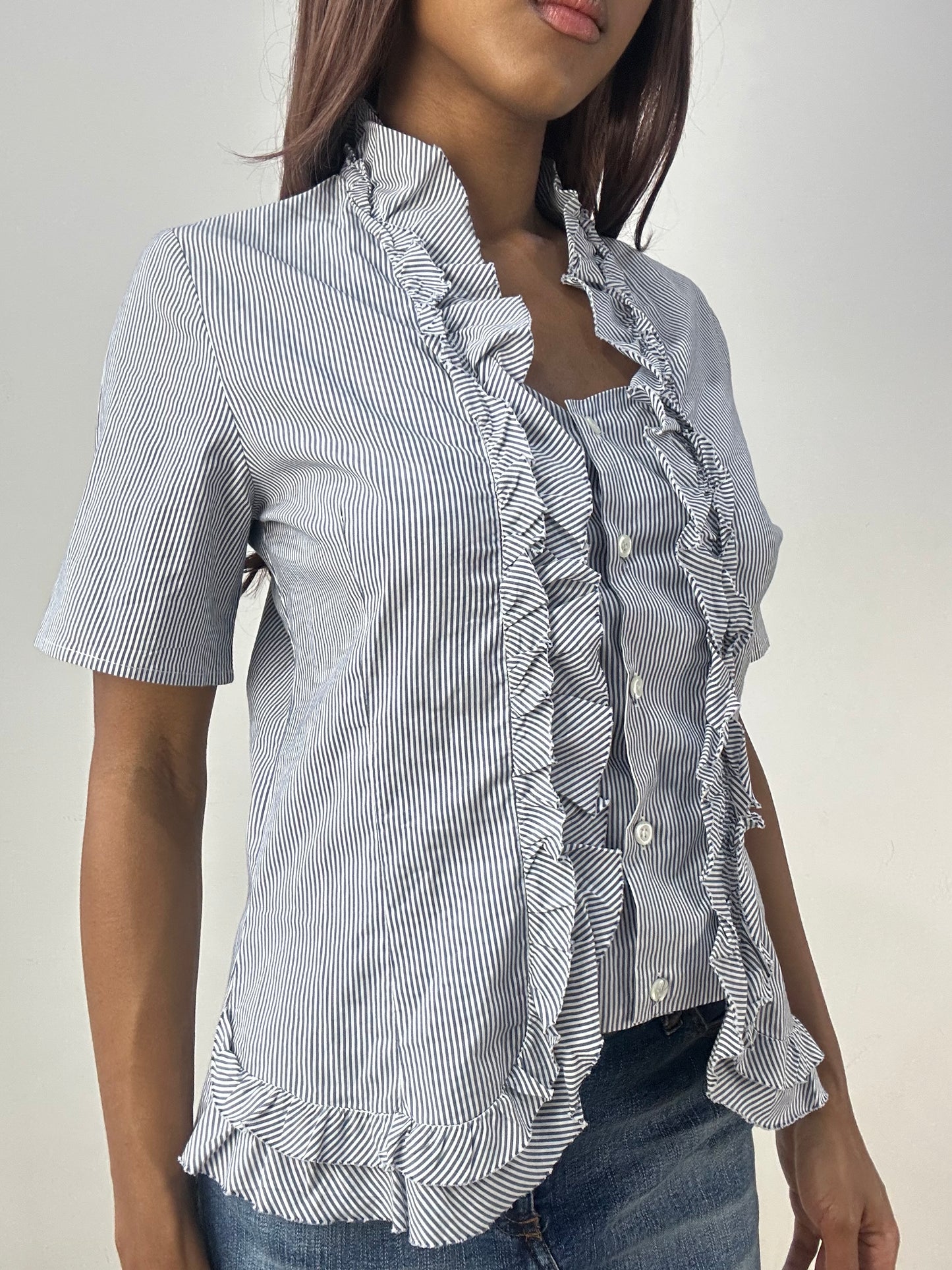 vintage edit thirty-three | medium white and blue pinstripe shirt with ruffle trim