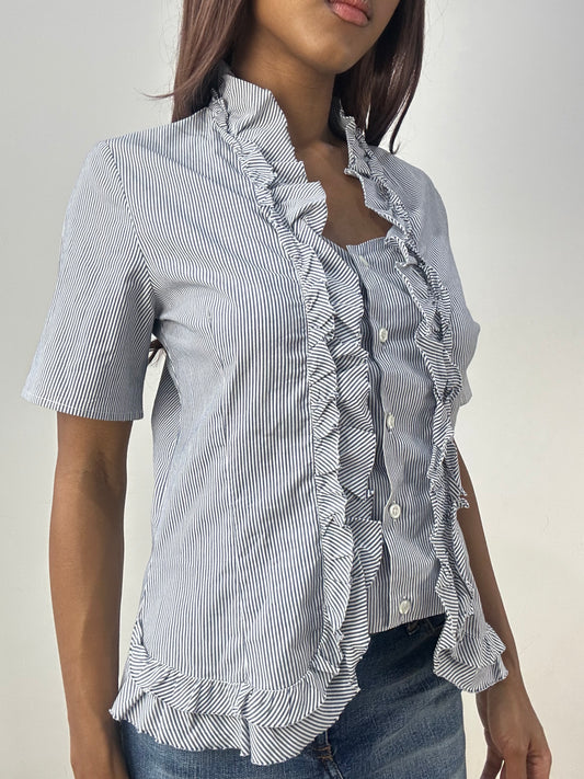 vintage edit thirty-three | medium white and blue pinstripe shirt with ruffle trim