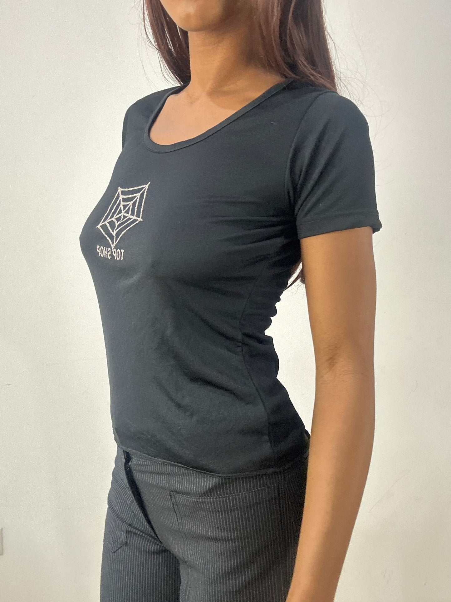 ‼️💻 small black topshop tshirt with silver glitter spiderweb graphic