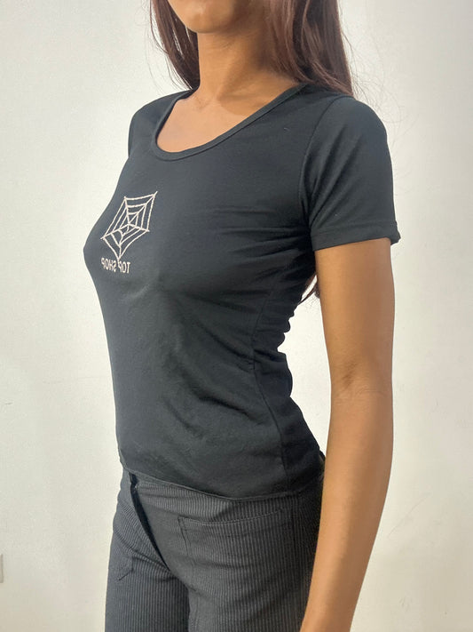‼️💻 small black topshop tshirt with silver glitter spiderweb graphic