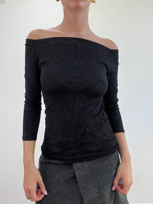 vintage edit: wedding guest | small black off the shoulder top with sparkle print