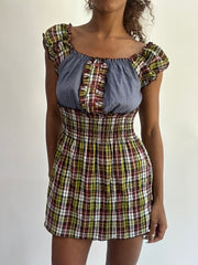 wag drop | taille: S · couleur: vert · article: haut · détails: écossais + style milkmaid