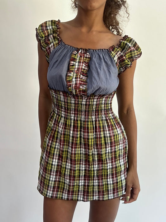 wag drop | small green plaid milkmaid top/dress