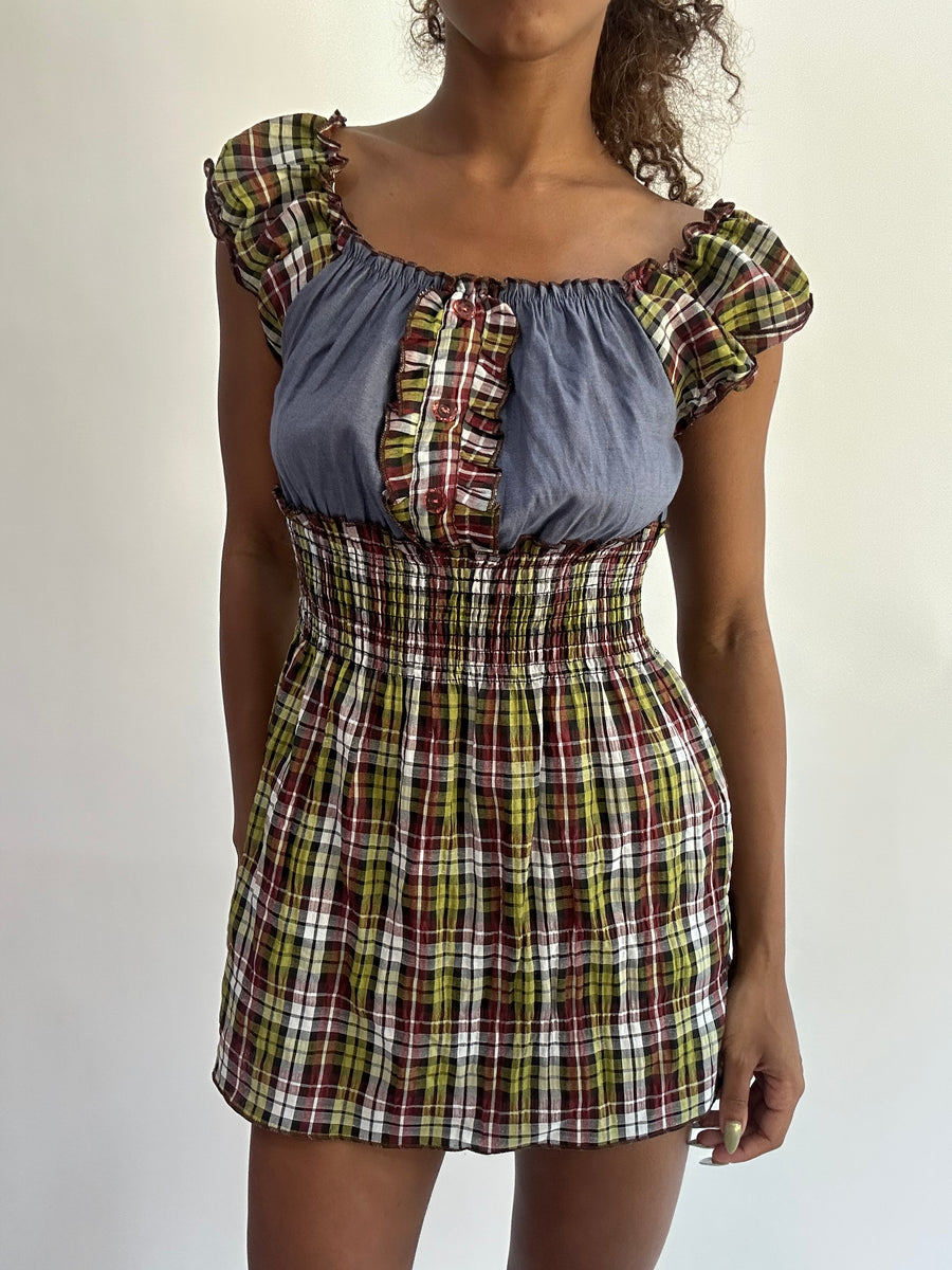 wag drop | taille: S · couleur: vert · article: haut · détails: écossais + style milkmaid