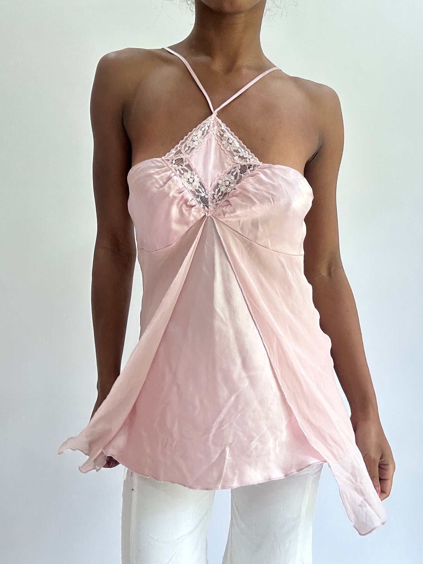 olivia rodrigo drop | small pink mesh overlay halterneck top