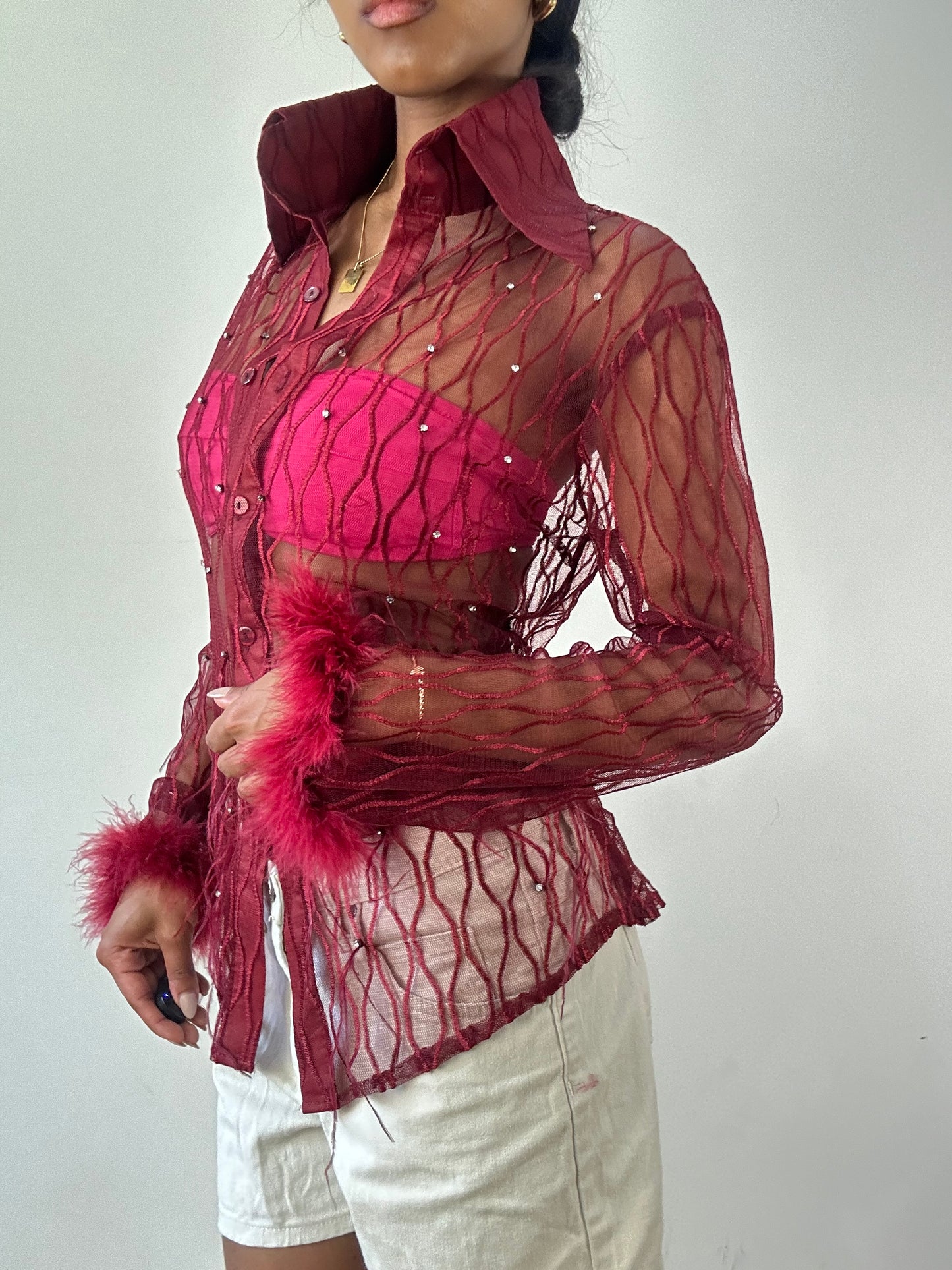 vintage edit twenty-one | medium red sheer feather button up top