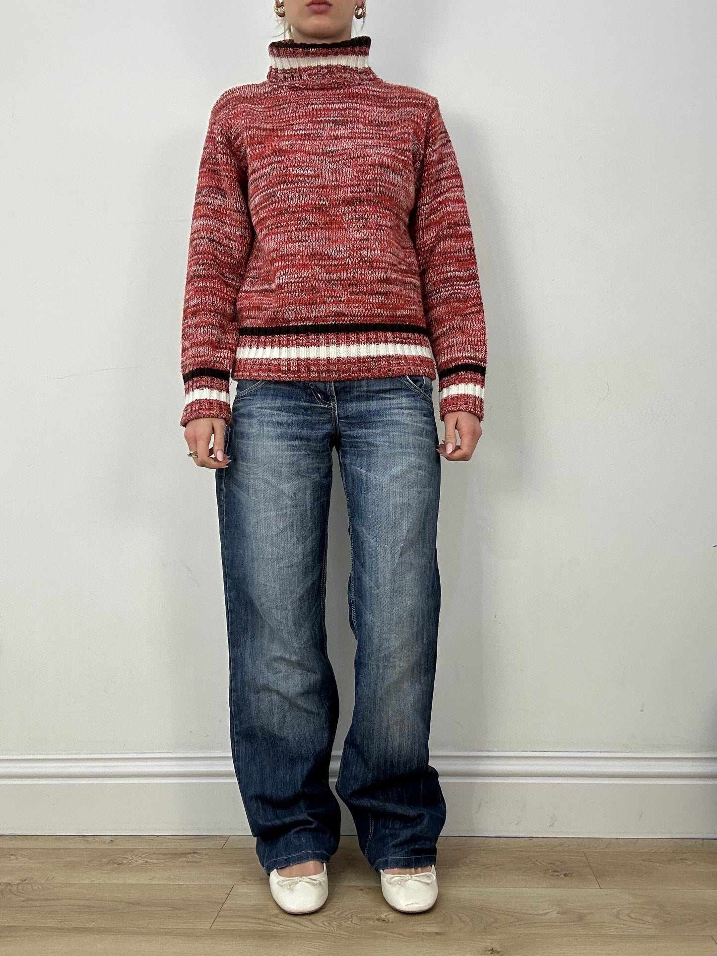 countryside | medium red and cream knitted roll neck jumper