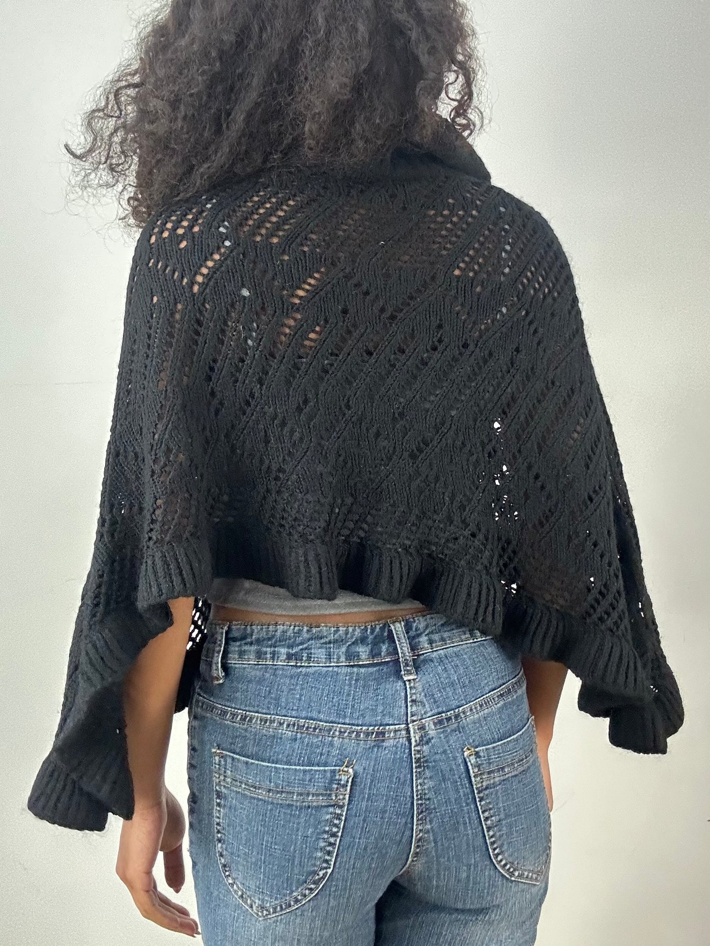 LFW edit | one size black knit crochet roll neck poncho